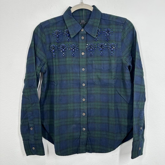 J.Crew Embellished Plaid Flannel Shirt Blue Green Size 4‎ Button Down Top NWT - Picture 2 of 9